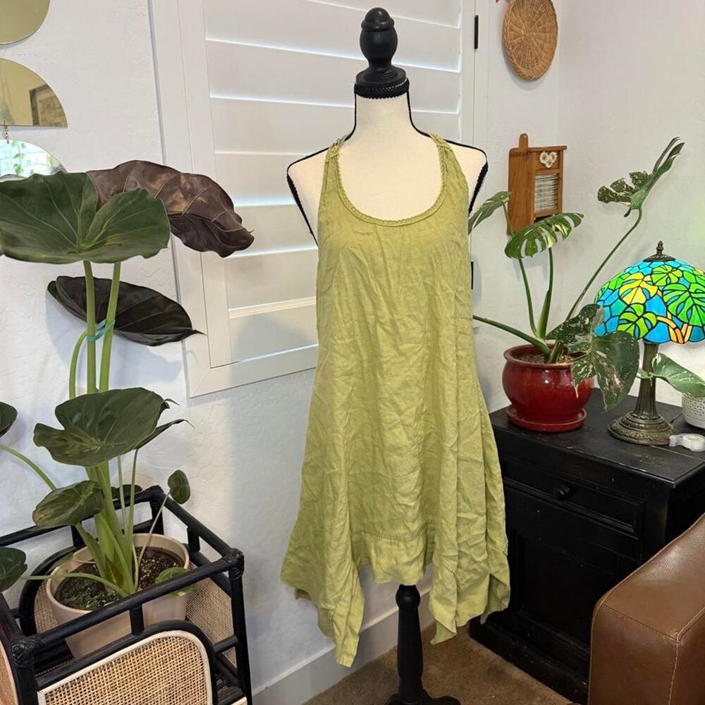 Y2K 100% Linen Made in Italy Racerback Crochet Handkerchief Hem Dress S